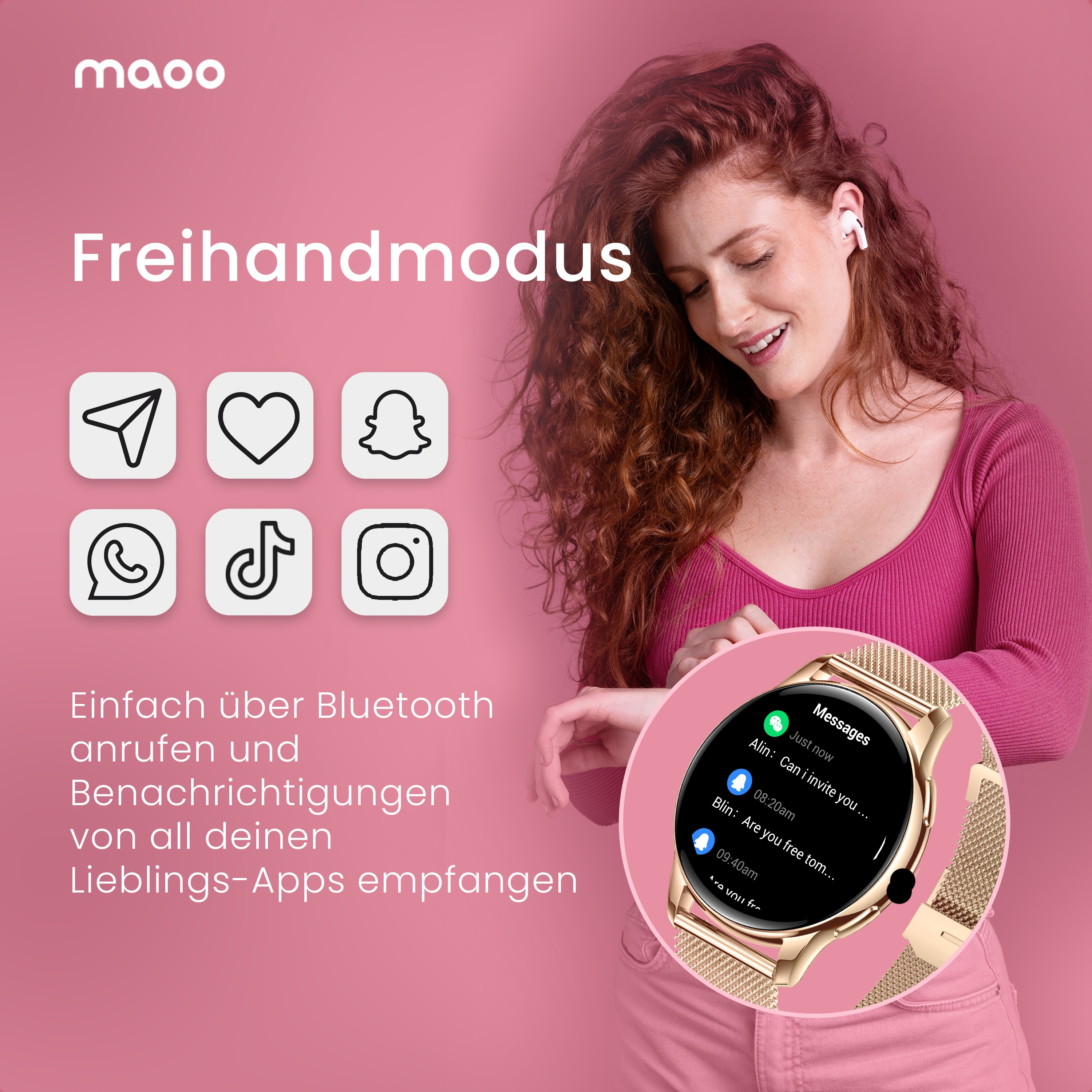 Frau mit goldener Smartwatch, die Nachrichten und App-Benachrichtigungen über Bluetooth anzeigt.