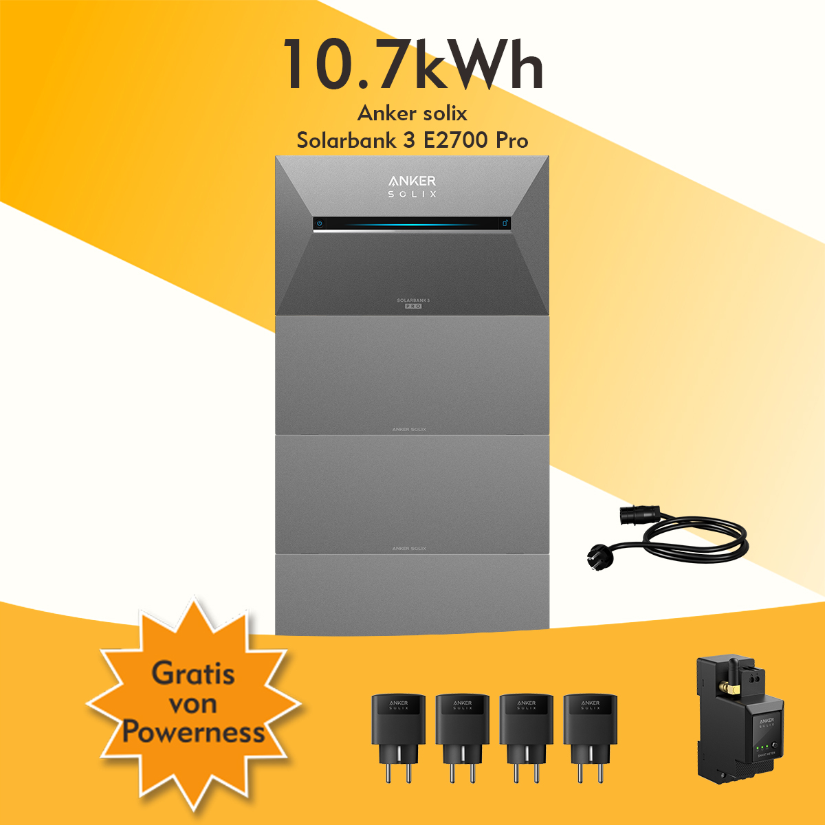 Anker Solaranlage mit Steckern und Netzteil. Text: 10,7 kWh. Kostenlos von Powerness.