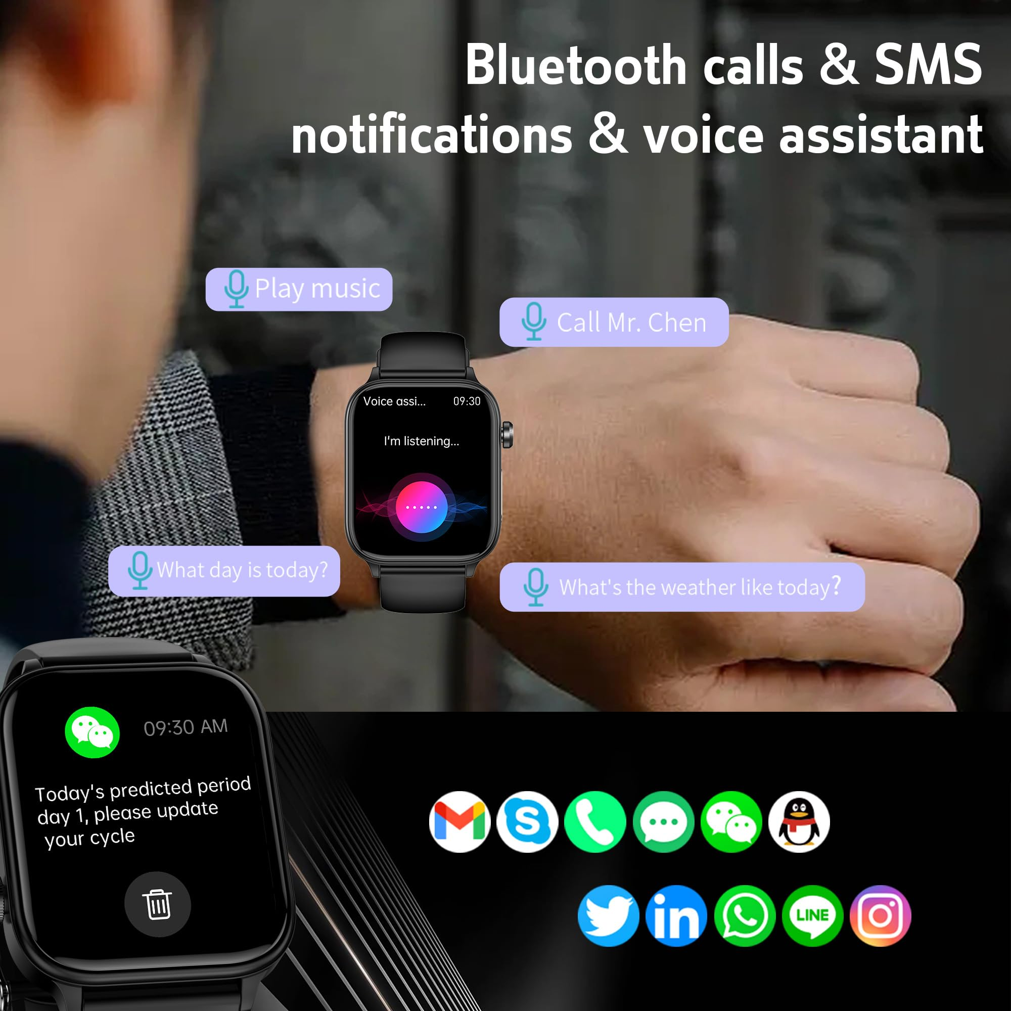 Smartwatch zeigt Bluetooth-Anrufe, SMS-Benachrichtigungen und einen Sprachassistenten. Text: Bluetooth-Anrufe & SMS-Benachrichtigungen.