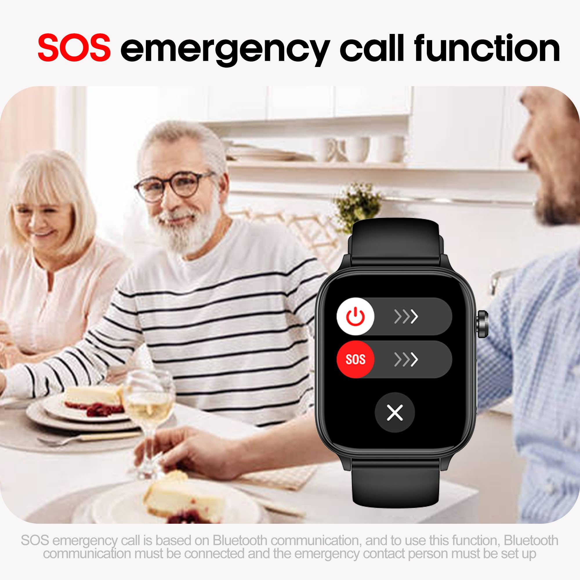 Smartwatch mit SOS-Notruffunktion. Ältere Menschen sitzen an einem Tisch.
