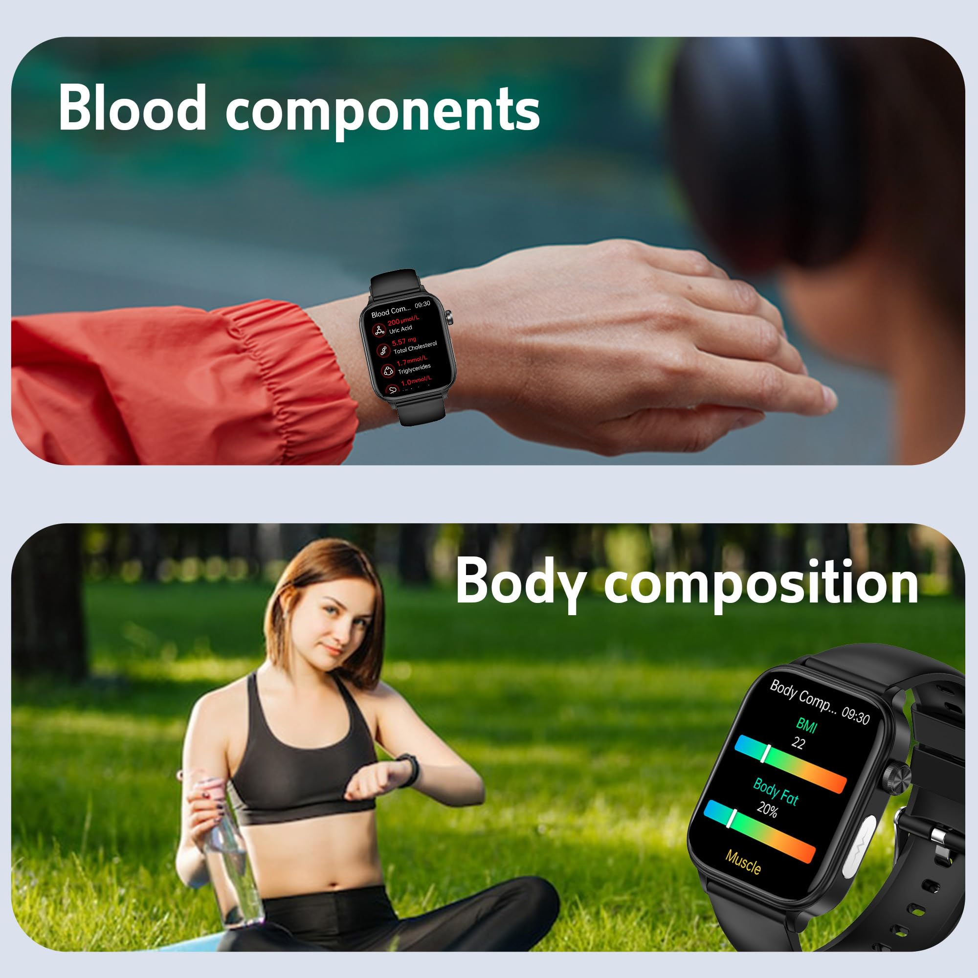 Zwei Bilder, die eine Smartwatch mit Blutbestandteilen und Körperzusammensetzung zeigen.