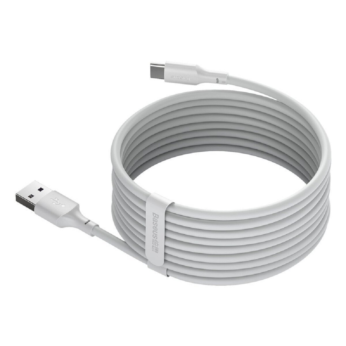 Biały kabel USB do USB-C, zwinięty. Marka Baseus.