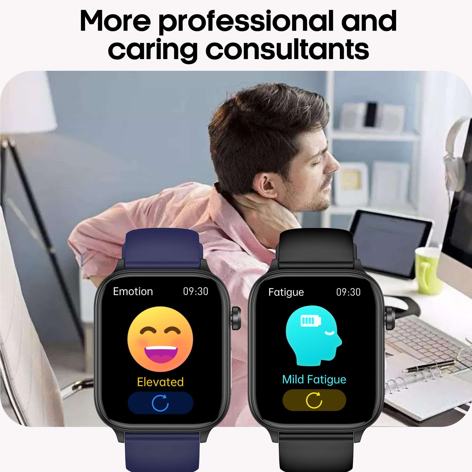Smartwatches, die Emotionen und Müdigkeit zeigen. Zwei Uhren mit unterschiedlichen Oberflächen.