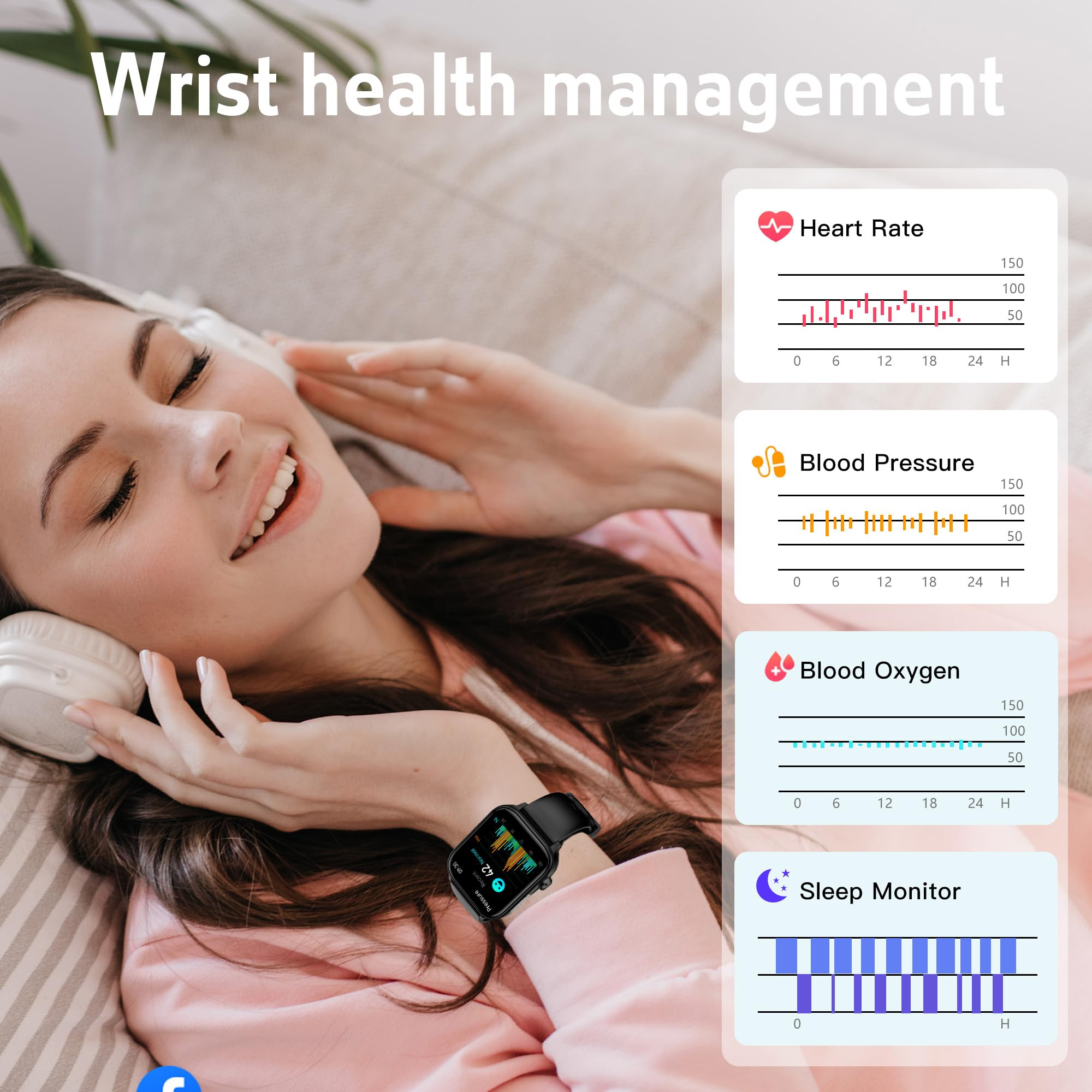 Frau mit Kopfhörern betrachtet Smartwatch mit Gesundheitsmetriken.