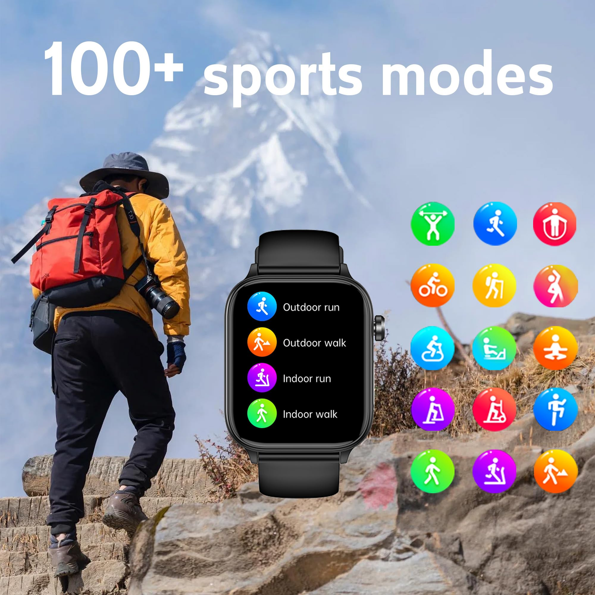Eine Person, die auf einem Bergpfad geht und einen Rucksack trägt, mit einer Smartwatch, die Sportmodi zeigt.