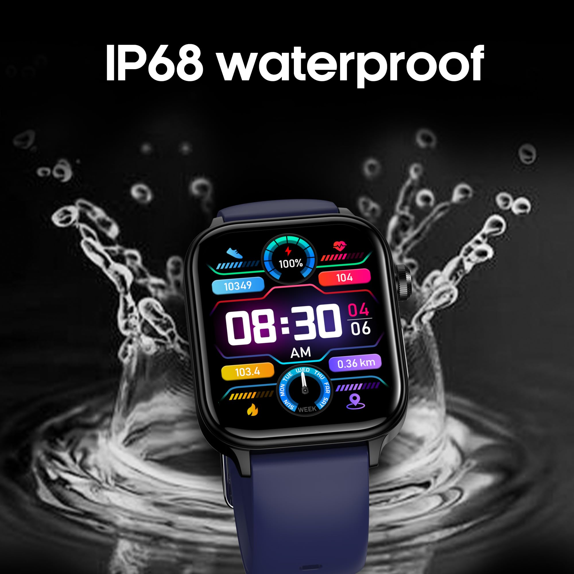 Smartwatch mit Wasserspritzer-Hintergrund. Zeigt Zeit, Herzfrequenz und andere Daten an.