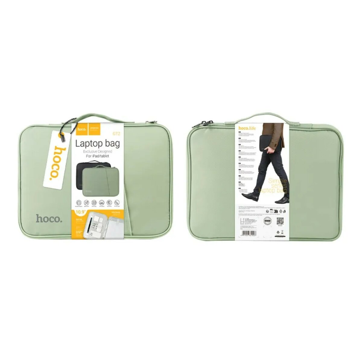 Zwei Laptoptaschen, eine offen, in Grün, mit einem Etikett.