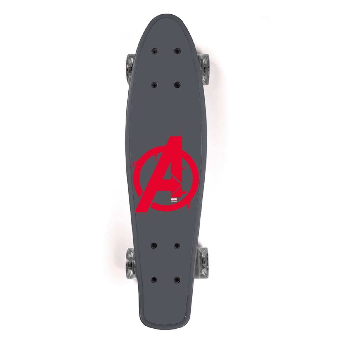 Draufsicht auf ein graues Skateboard mit dem Avengers-Logo.