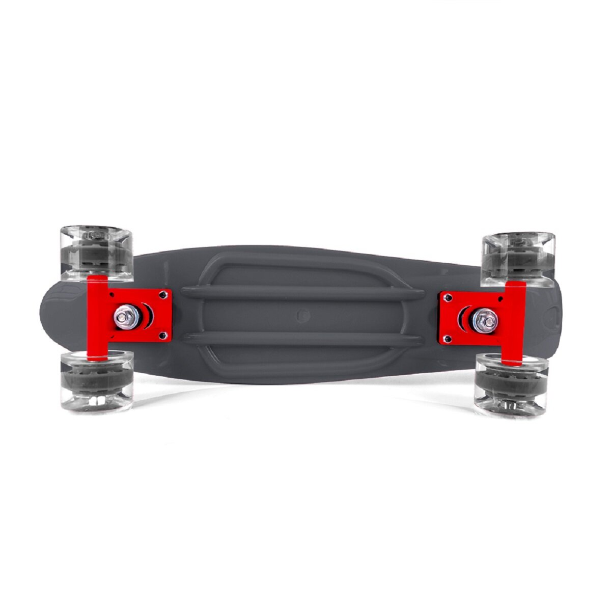 Unterseite eines grauen Skateboards mit transparenten Rädern. Rote Radhalterungen. Weißer Hintergrund.