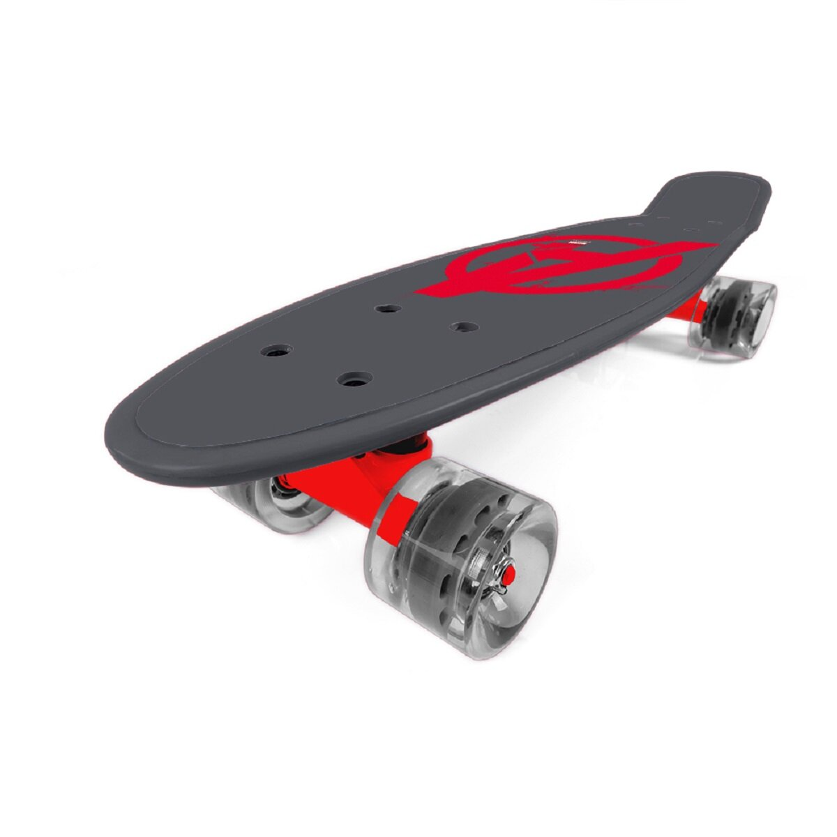 Ein graues und rotes Skateboard mit transparenten Rädern. Die Räder sind rot, das Board hat ein rotes Design.