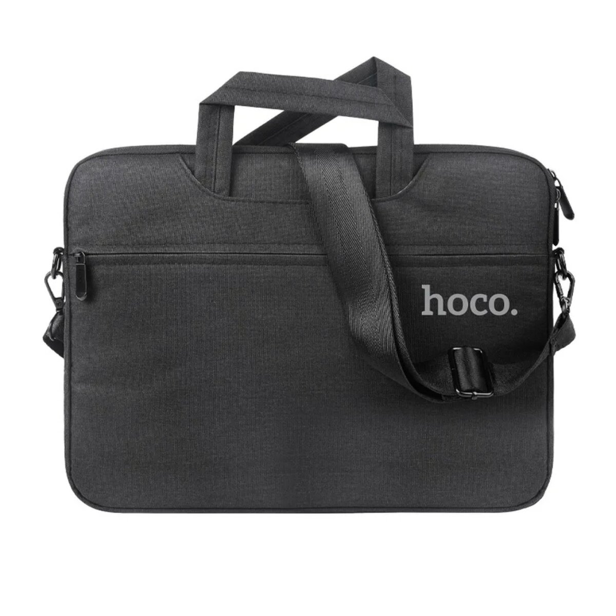 Schwarze Laptoptasche mit Griff und Schulterriemen.  'hoco.'-Text auf der Vorderseite. Weißer Hintergrund.