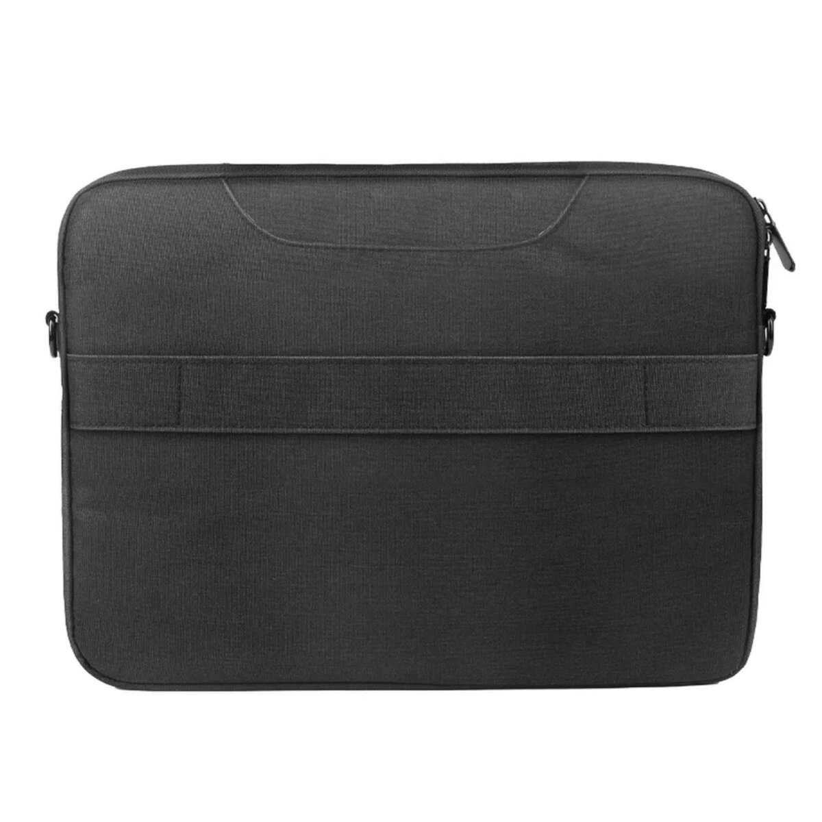 Schwarze Laptop-Hülle mit Reißverschluss und Riemendetail.