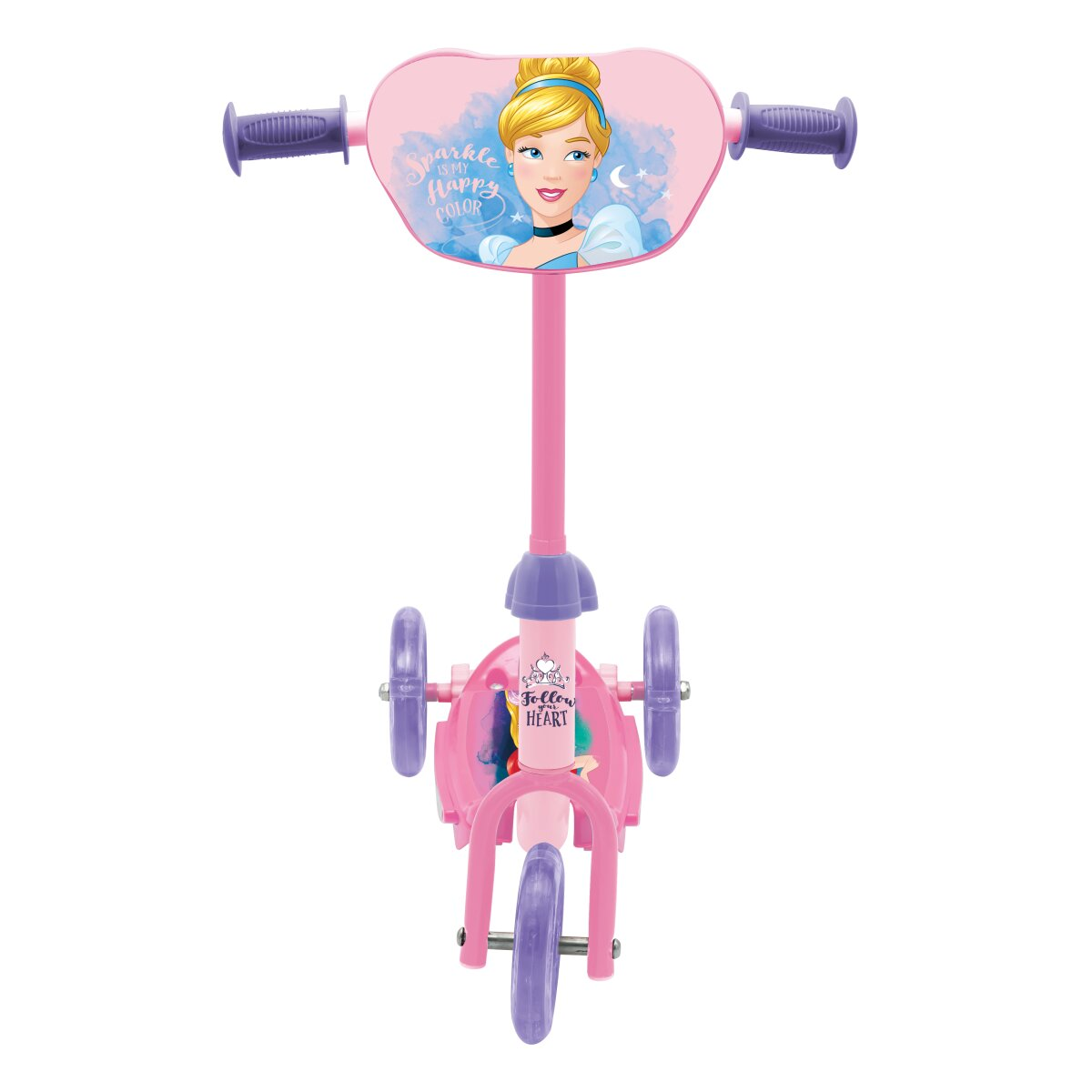 Vorderansicht eines rosa Dreirad-Rollers mit Cinderella-Design. Es hat lila Details.