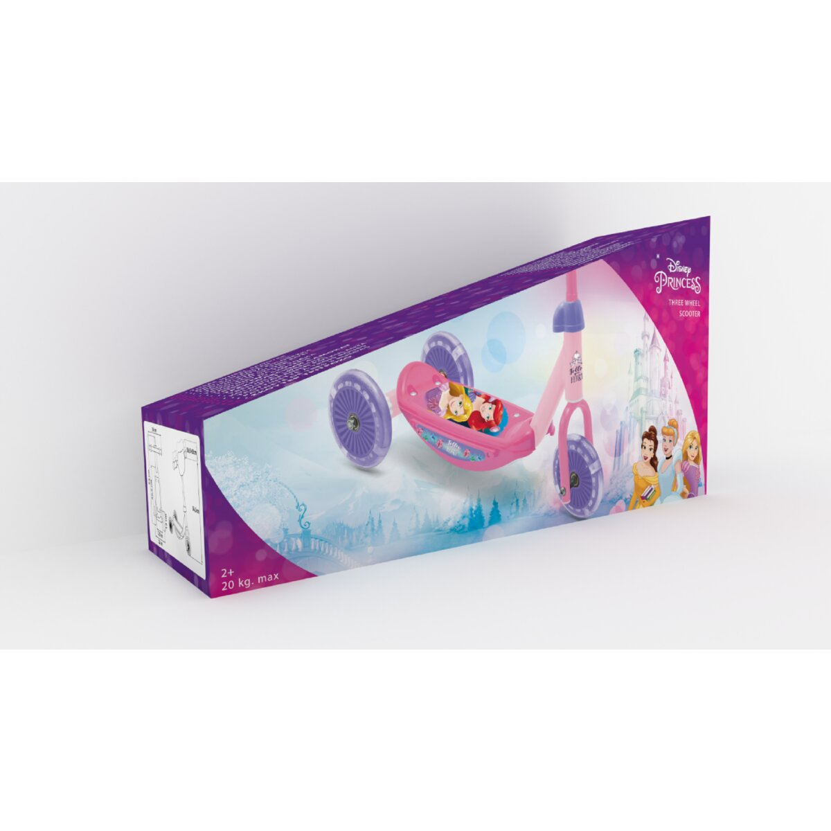 Der Roller befindet sich in einer Box. Rosa Dreirad-Roller. Disney Princess Design auf weißem Grund.