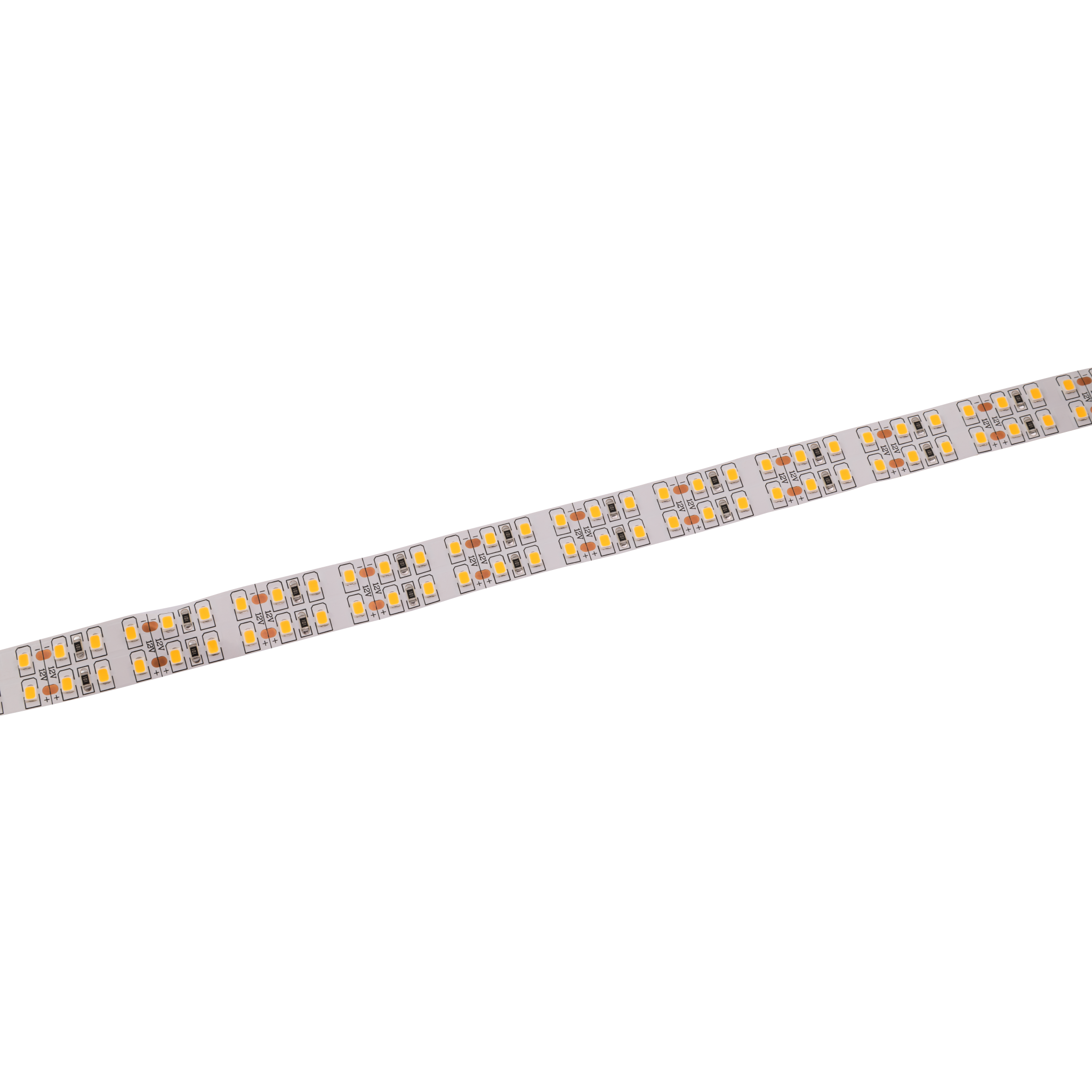 LED-Streifen mit gelben und weißen Lichtern auf schwarzem Hintergrund.