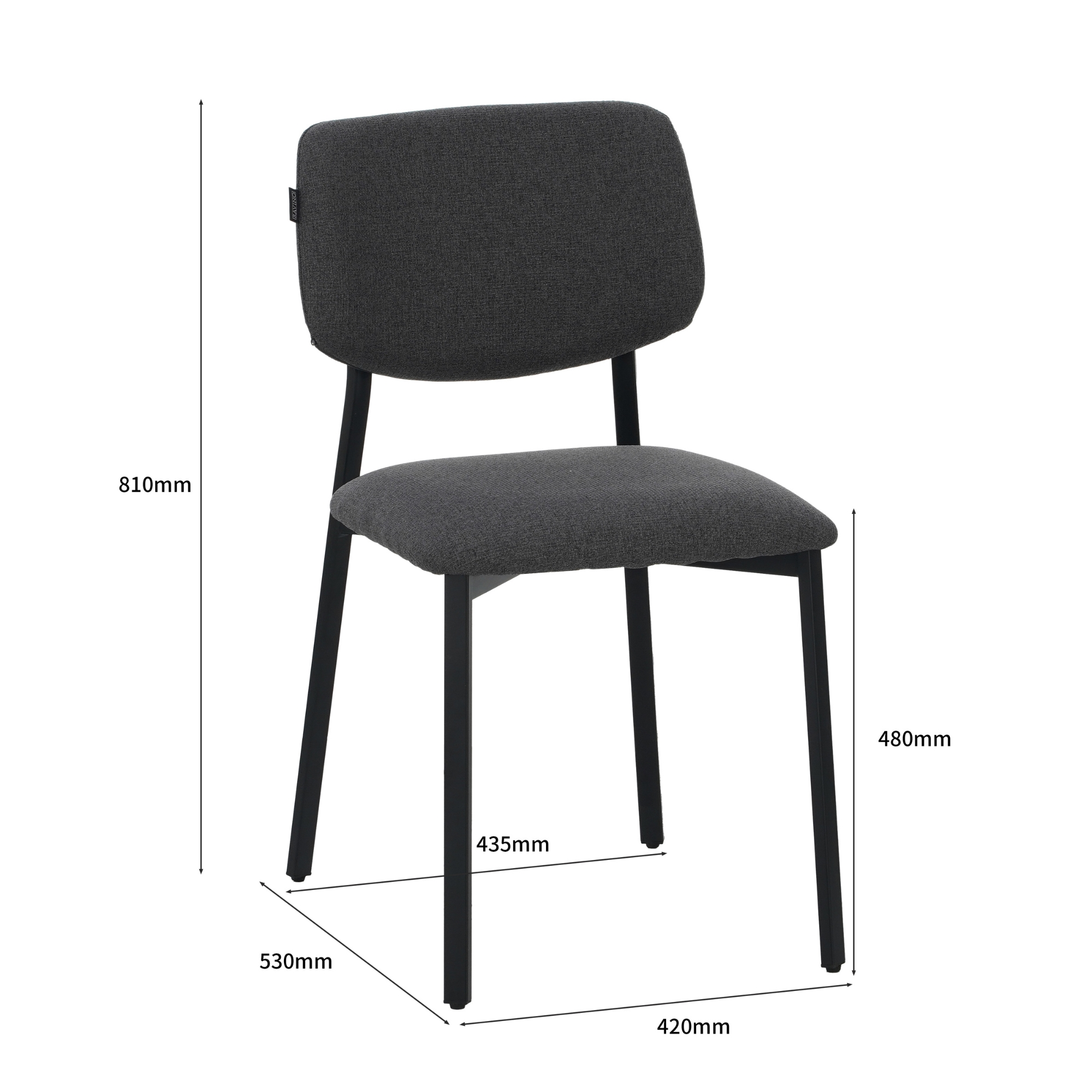 Grauer Stuhl mit schwarzen Beinen. Maße in mm: 810x530x420, Sitz 435x480.