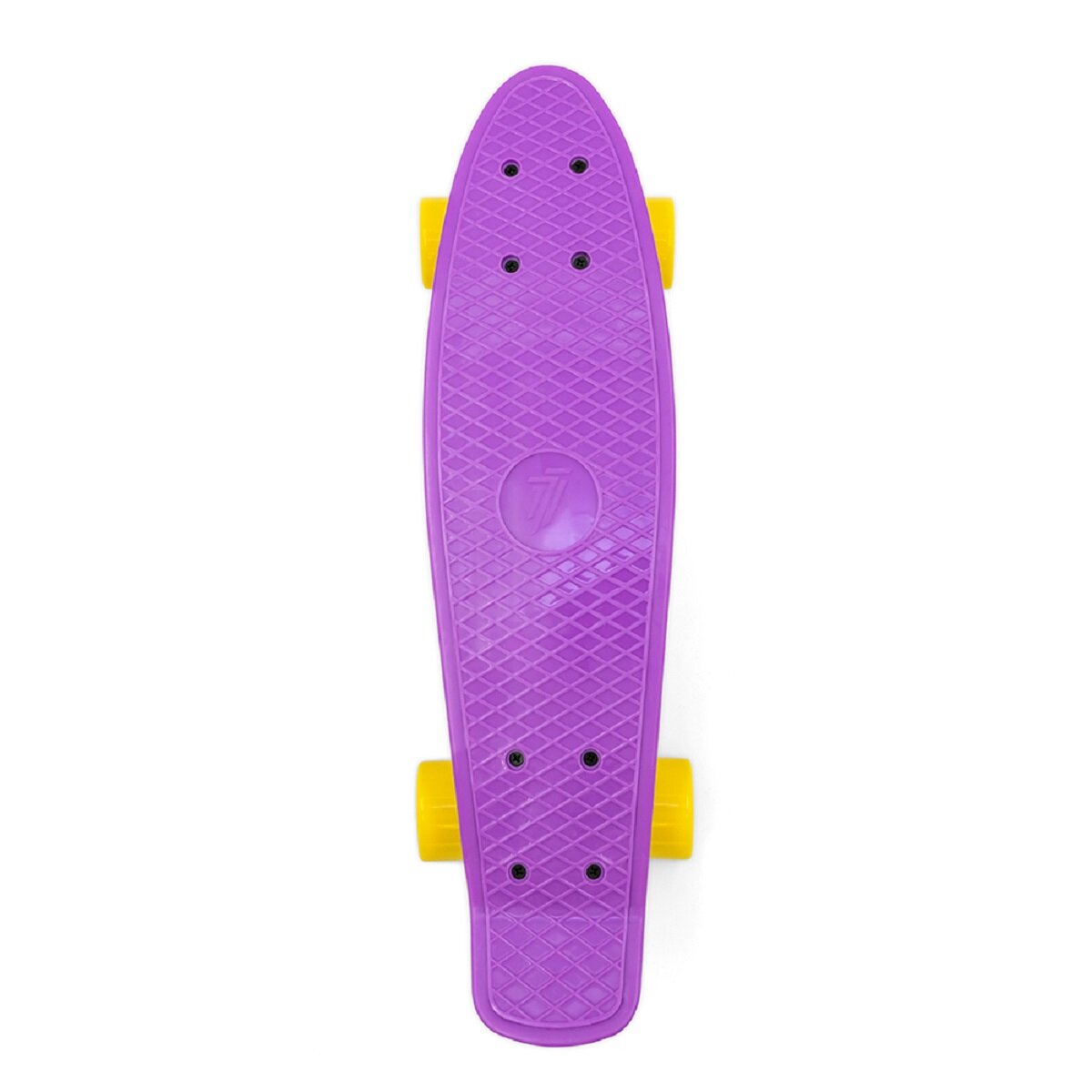 Lila Skateboard mit gelben Rädern, Draufsicht.