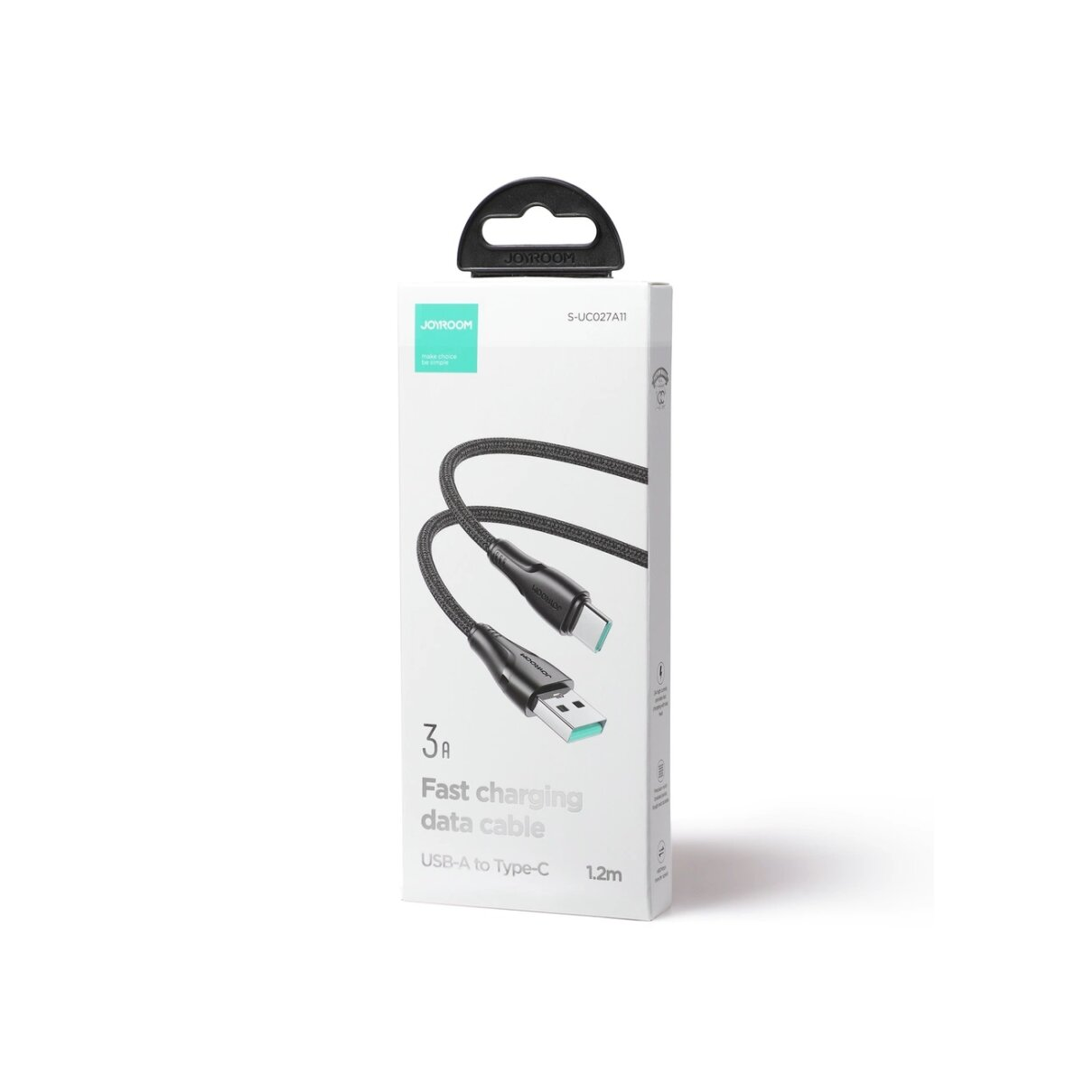 Czarny kabel USB-A do USB-C w białym pudełku, szybkie ładowanie.