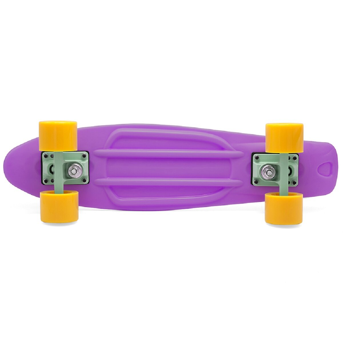 Ein lila Skateboard mit gelben Rädern. Die Räder und das Skateboard zeigen nach oben.