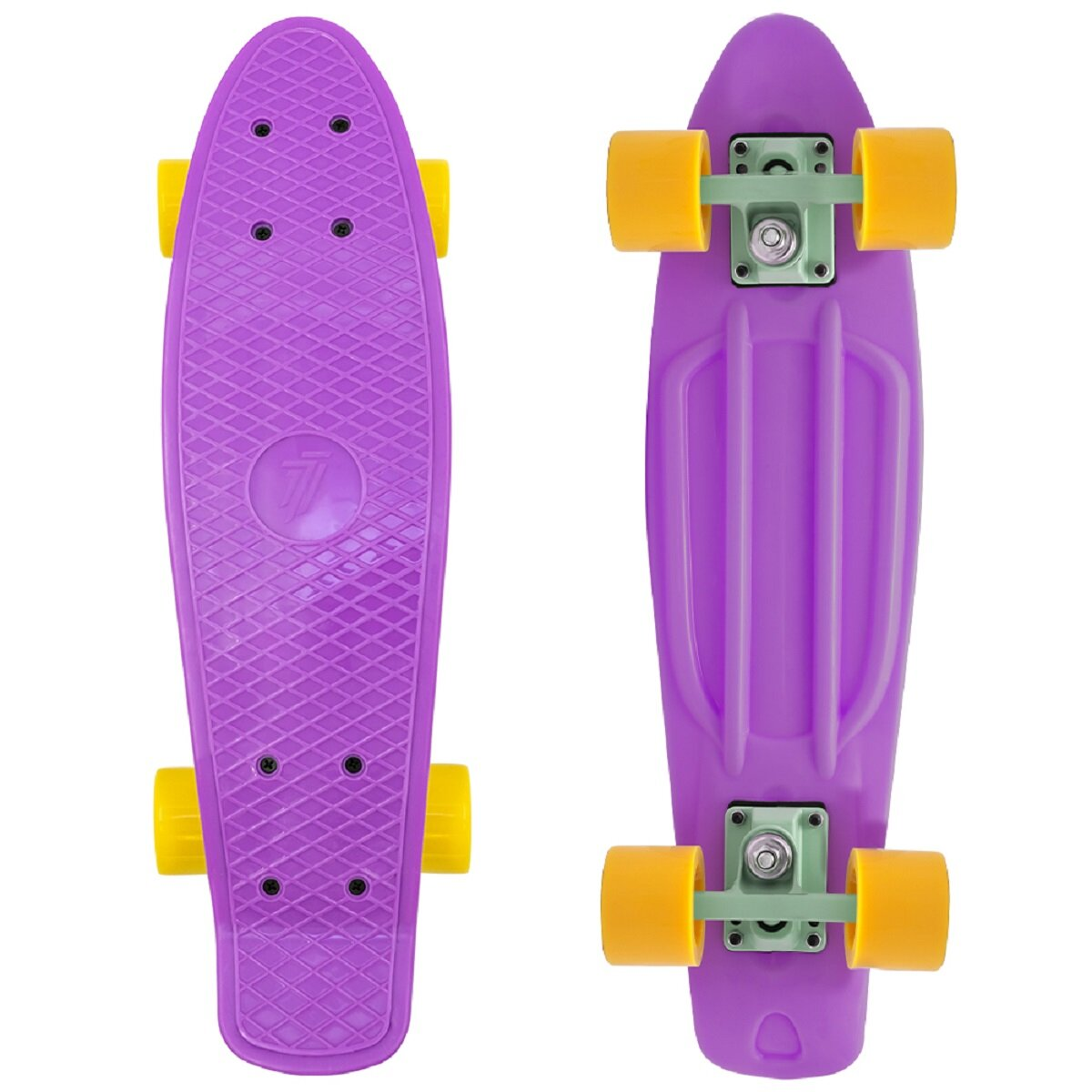 Lila Skateboard mit gelben Rollen, Draufsicht und Unteransicht, auf weißer Oberfläche.