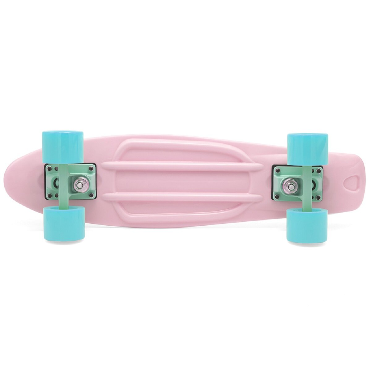 Rosa Skateboard, Unteransicht, mit blauen Rollen auf weißer Oberfläche.