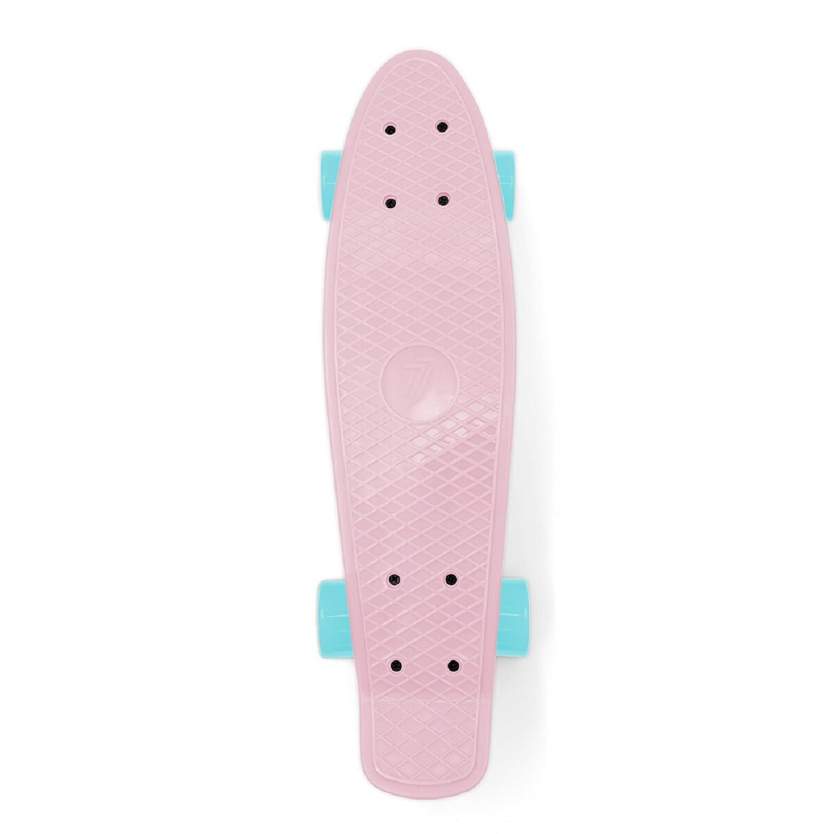 Rosa Skateboard, Draufsicht, mit blauen Rollen auf weißer Oberfläche.