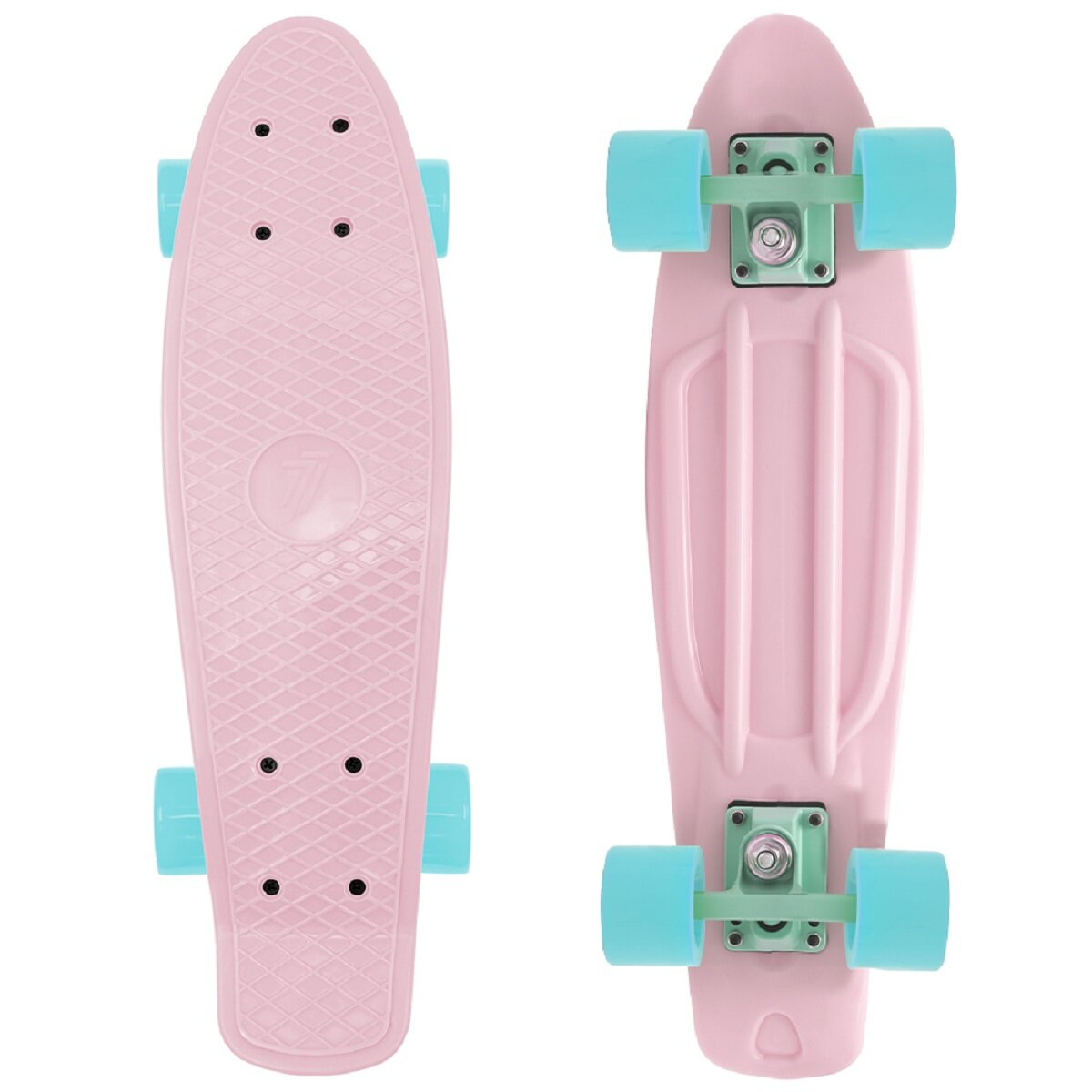 Rosa Skateboard, Draufsicht und Unteransicht, mit blauen Rollen auf weißer Oberfläche.