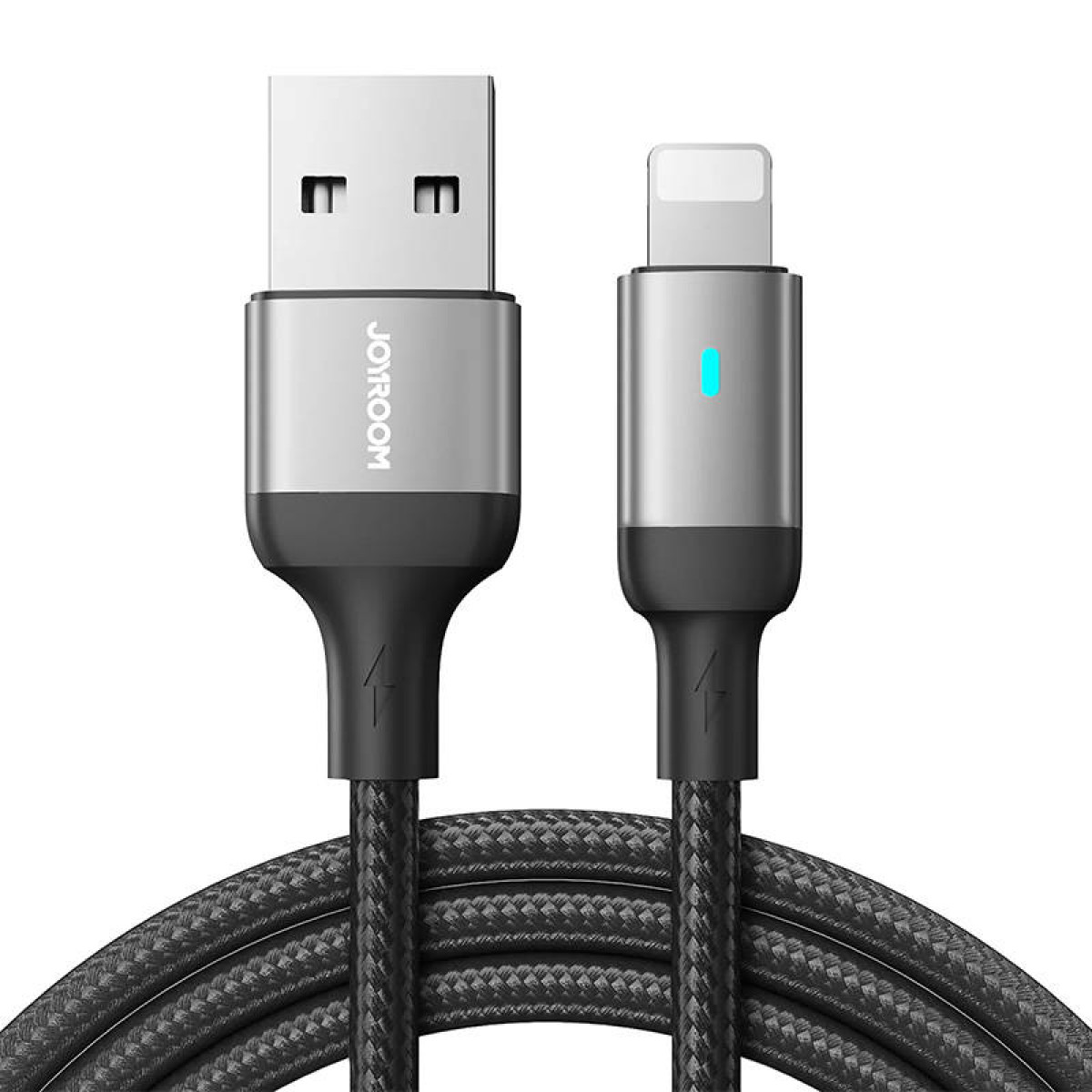 Kabel USB-A do Lightning. Srebrny i czarny, z plecionym kablem. Końcówka Lightning ma niebieskie światło.