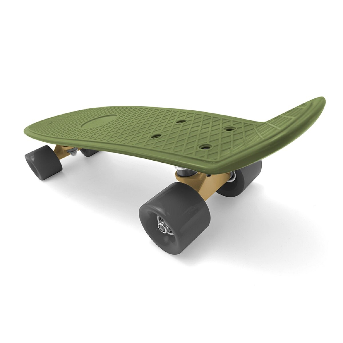 Grünes Skateboard mit schwarzen Rollen, auf weißer Oberfläche, Winkelansicht.