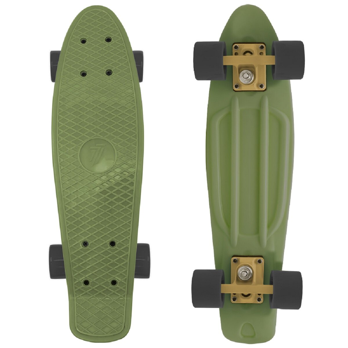 Zwei Ansichten eines grünen Skateboards. Ober- und Unteransicht, Diamantmuster und schwarze Räder.