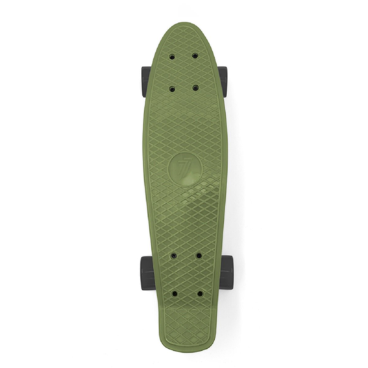 Ein grünes Skateboard von oben. Es hat ein Diamantmuster und schwarze Räder.