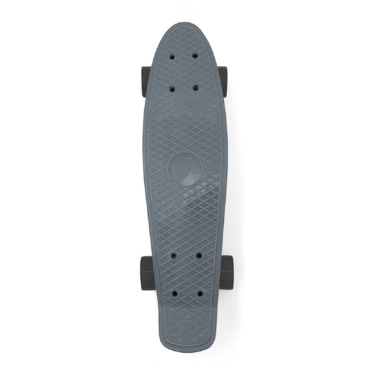 Ein graues Skateboard von oben. Es hat ein Diamantmuster und schwarze Räder.