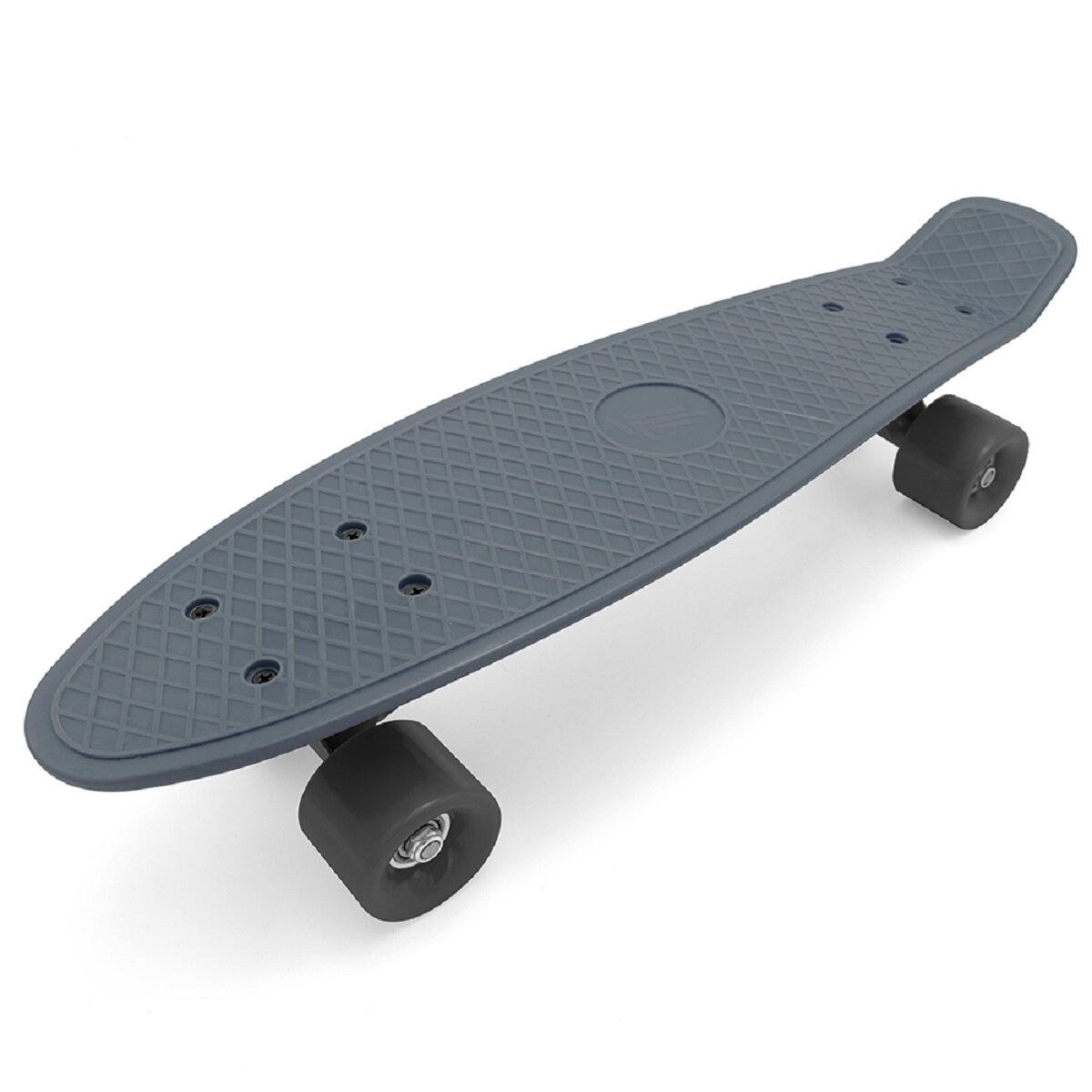 Ein graues Skateboard von oben. Es hat ein Diamantmuster und schwarze Räder.
