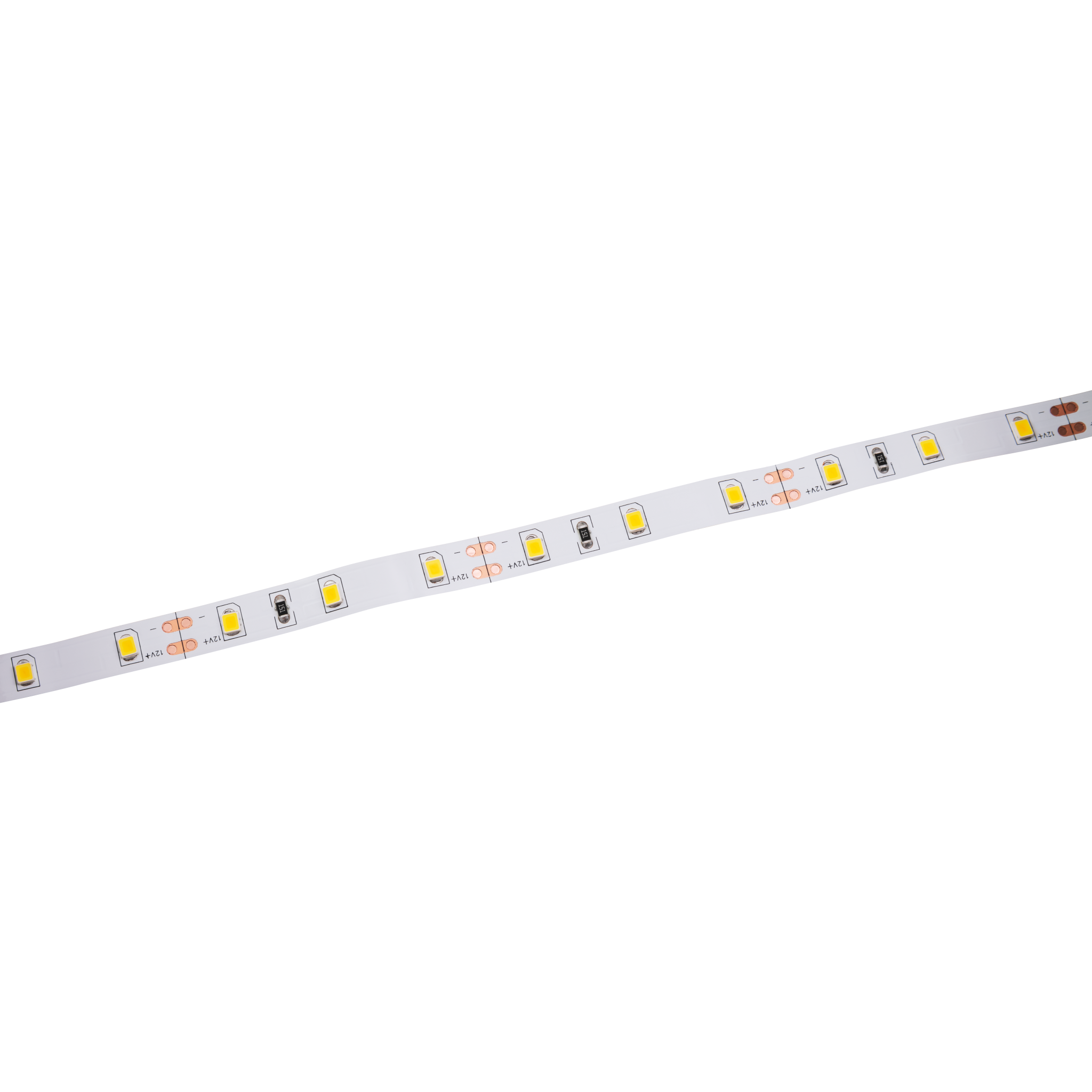 Ein Streifen von LED-Leuchten wird gezeigt. Die Lichter strahlen ein warmes, weißes Licht aus. Dunkler Hintergrund.