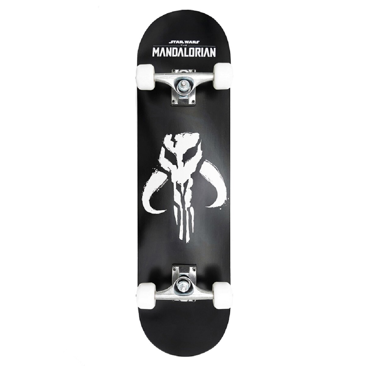 Ein schwarzes Skateboard mit weißem Mandalorianer-Symbol. Weiße Räder und der Text STAR WARS.