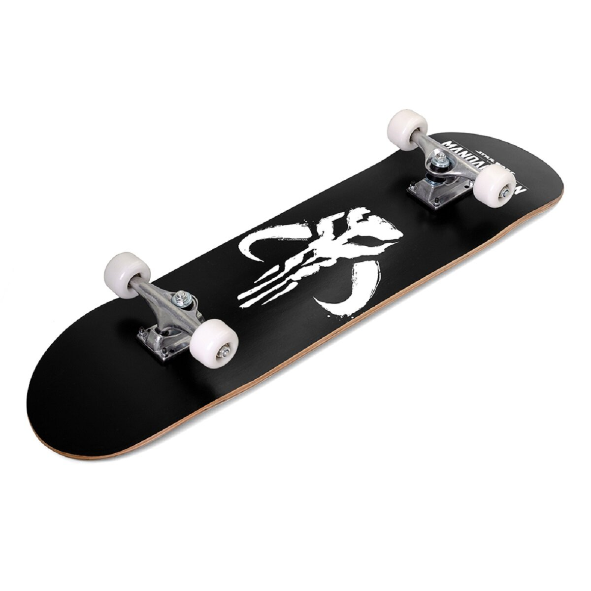 Ein schwarzes Skateboard mit weißem Mandalorianer-Symbol auf weißem Hintergrund.