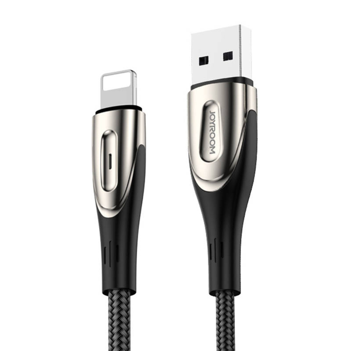 Kabel USB do Lightning z czarnym plecionym kablem i srebrnymi złączami.