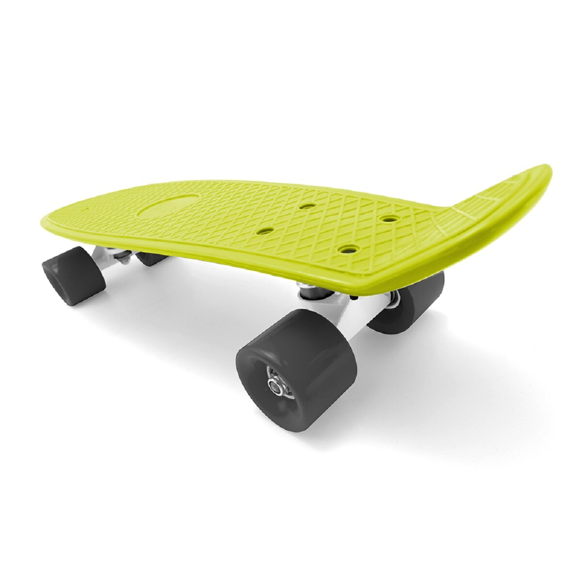 Grünes Skateboard, Seitenansicht. Schwarze Räder und weiße Trucks. Weißer Hintergrund.