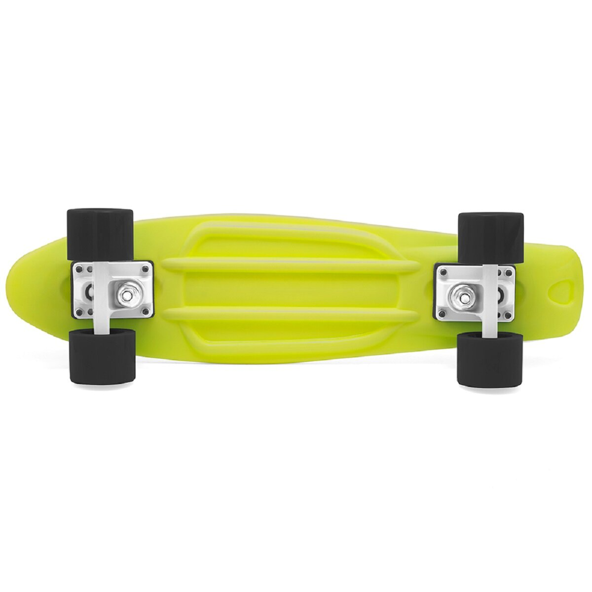 Grünes Skateboard, Draufsicht. Schwarze Räder, weiße Hardware. Weißer Hintergrund.
