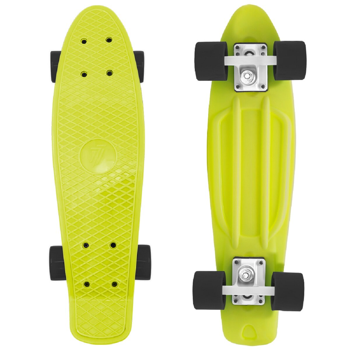 Zwei Skateboards, hellgrün mit schwarzen Rollen. Ober- und Unteransicht.