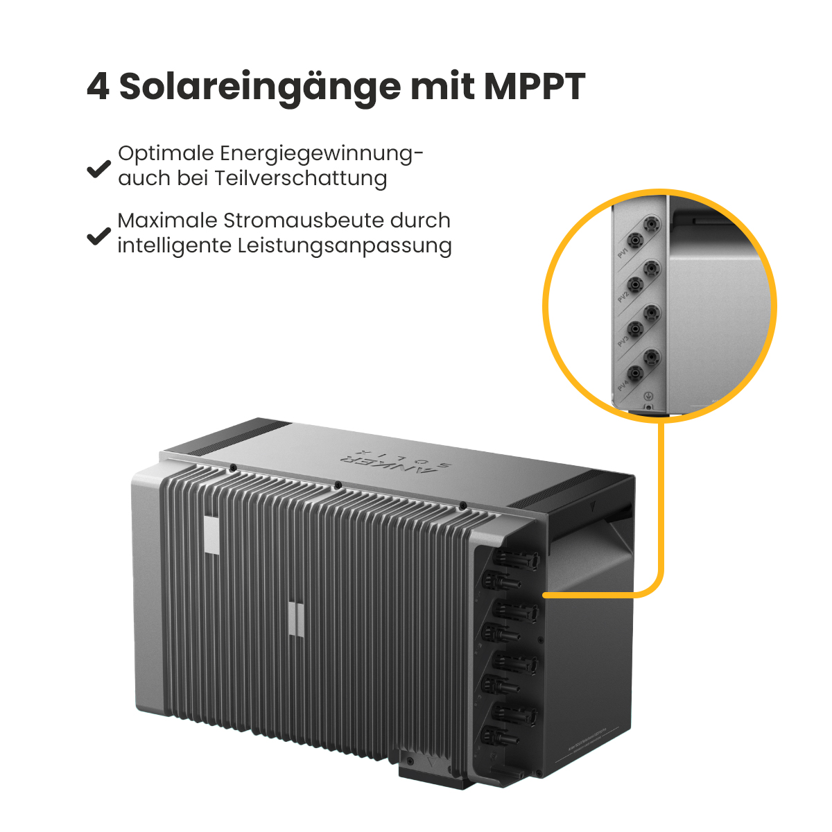 Detailansicht des Solarpanels mit mehreren Anschlusspunkten.