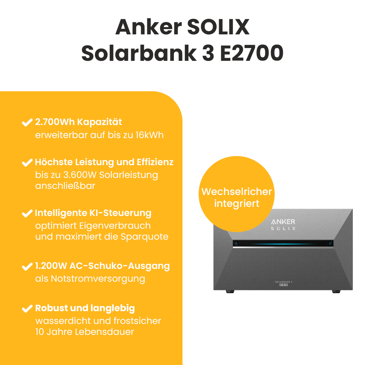 Anker SOLIX Solarbank 3 E2700 mit aufgeführten Hauptmerkmalen. Kreis: Wechselrichter integriert.