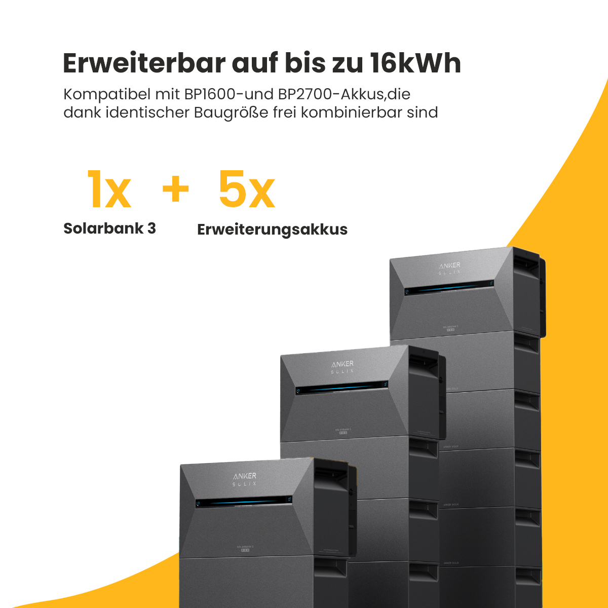 Mehrere schwarze Powerbanks gestapelt, mit einer einzelnen Solarbank.