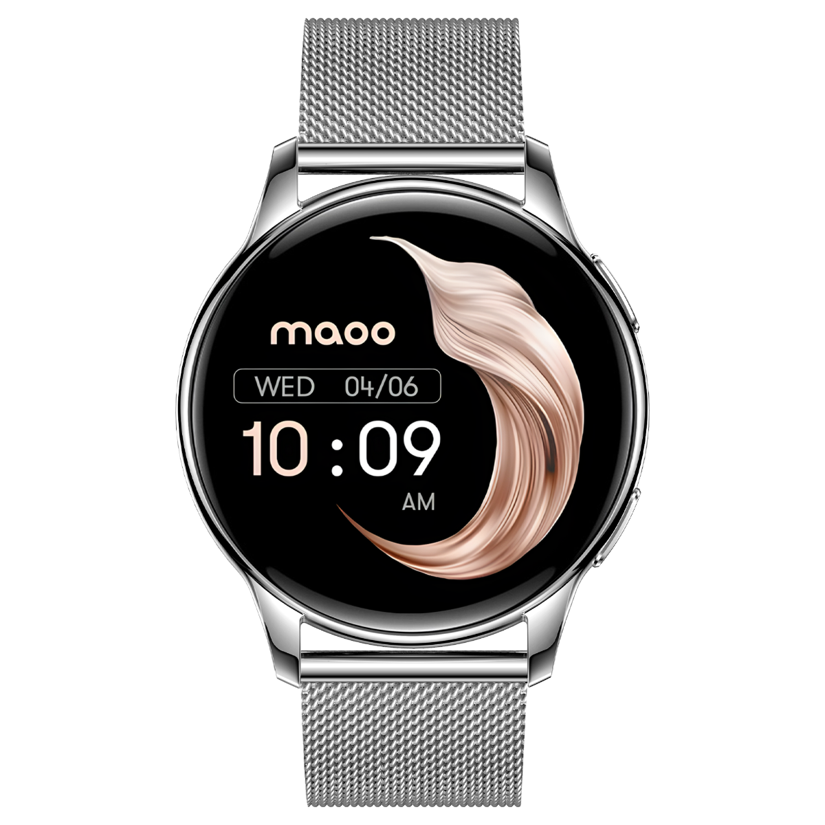 Silberne Smartwatch mit schwarzem Display, zeigt Zeit und Datum.