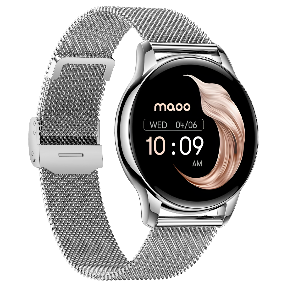 Silberne Smartwatch mit silbernem Armband auf schwarzem Hintergrund.