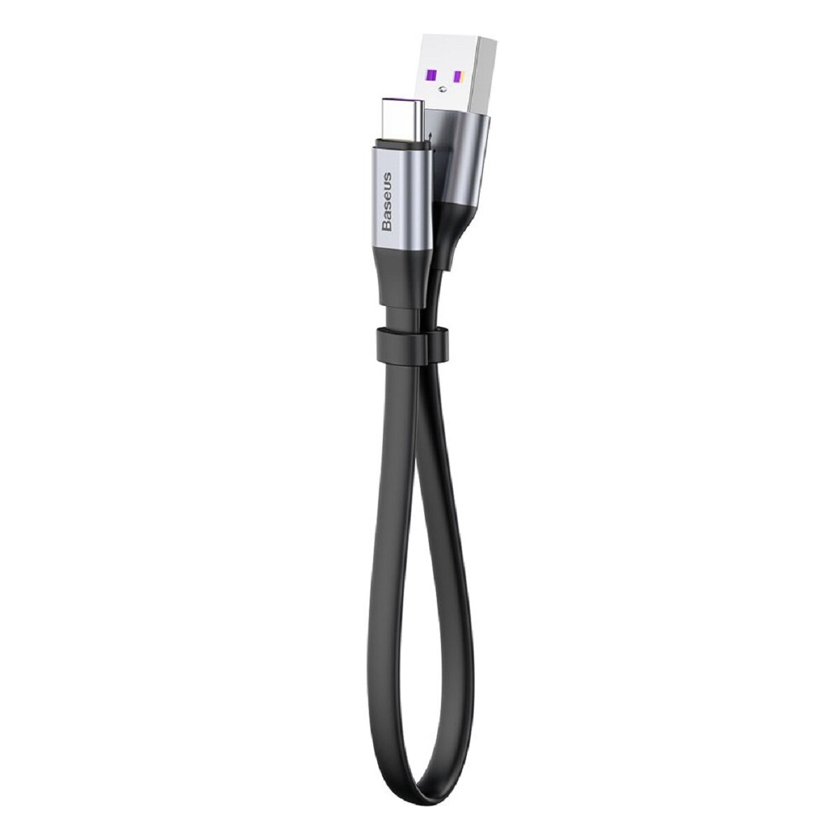 Czarny kabel USB-C, logo Baseus, w pętli.