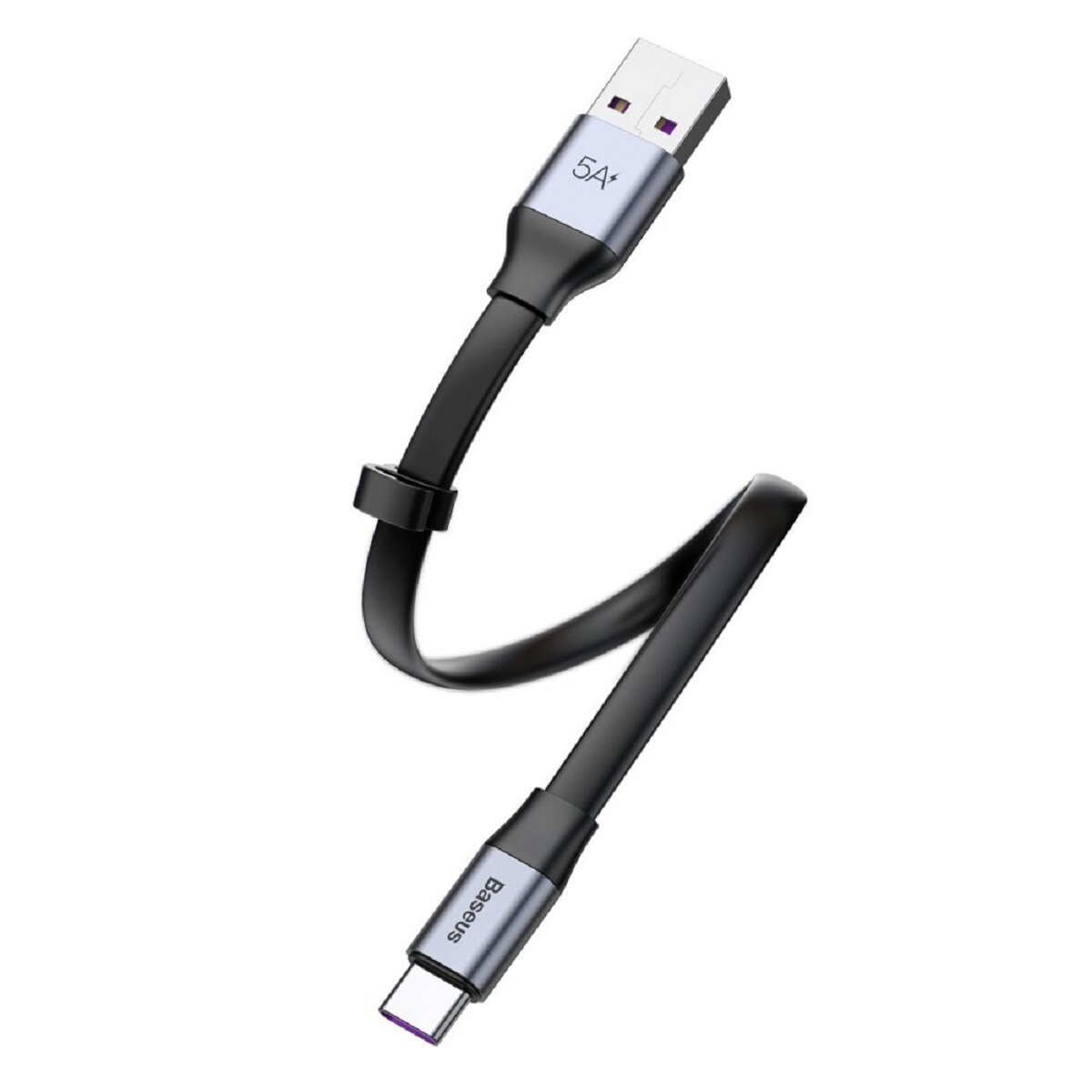Czarny kabel USB-C, logo Baseus, zakrzywiony kształt.
