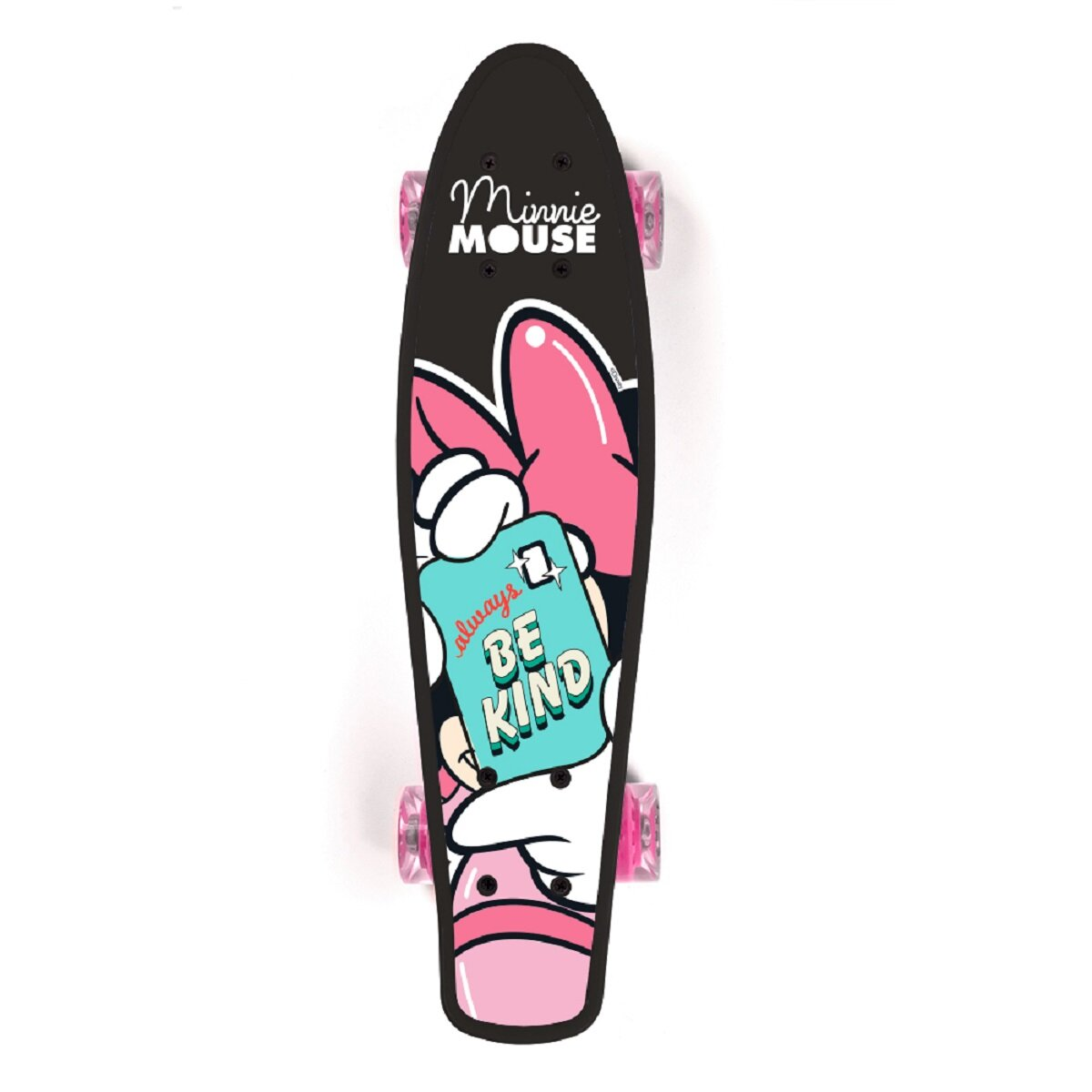 Minnie Mouse Skateboard, schwarzes Deck, pinke Räder und Akzente, weißer Hintergrund.