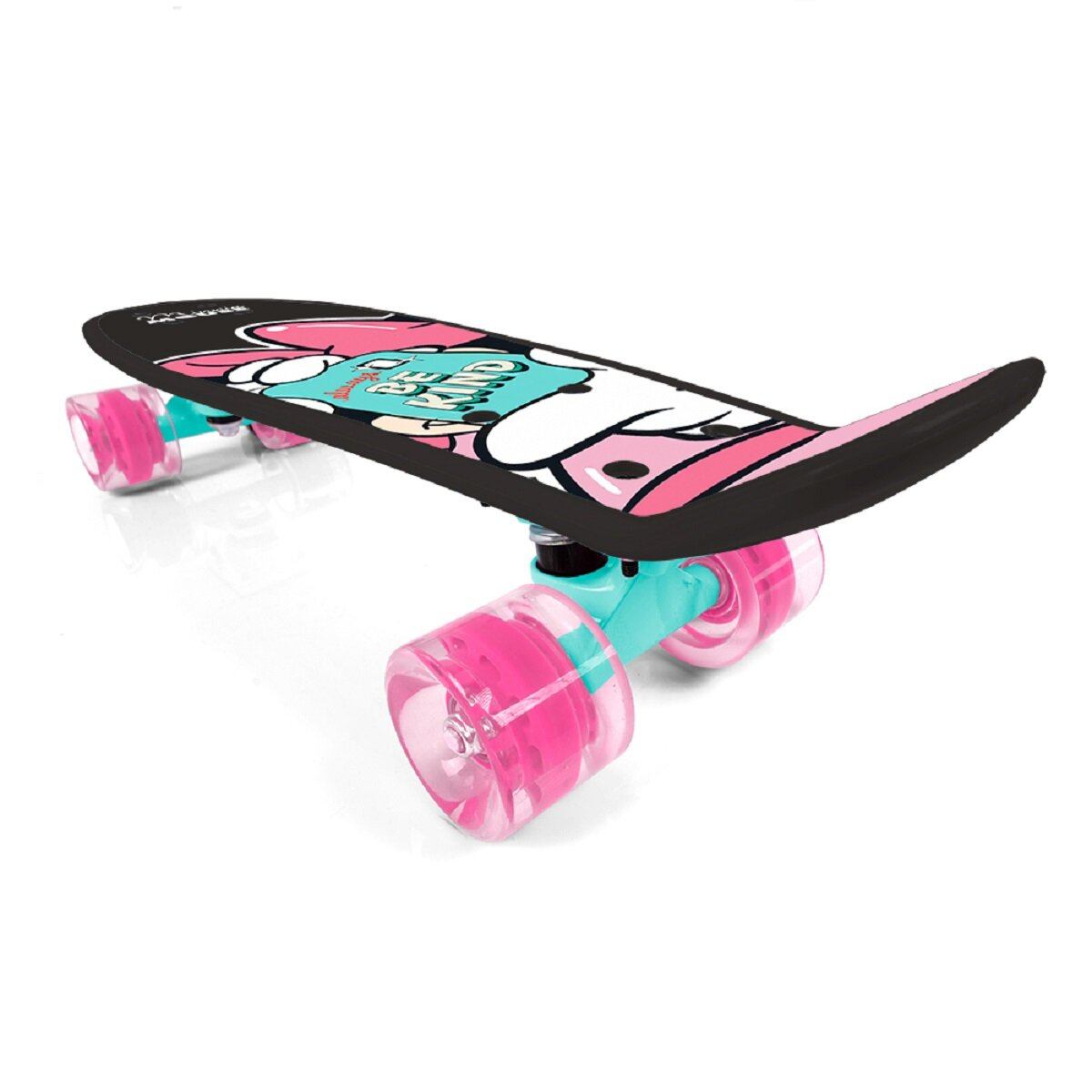 Rosa-schwarzes Skateboard mit Cartoon-Design, weißer Hintergrund.