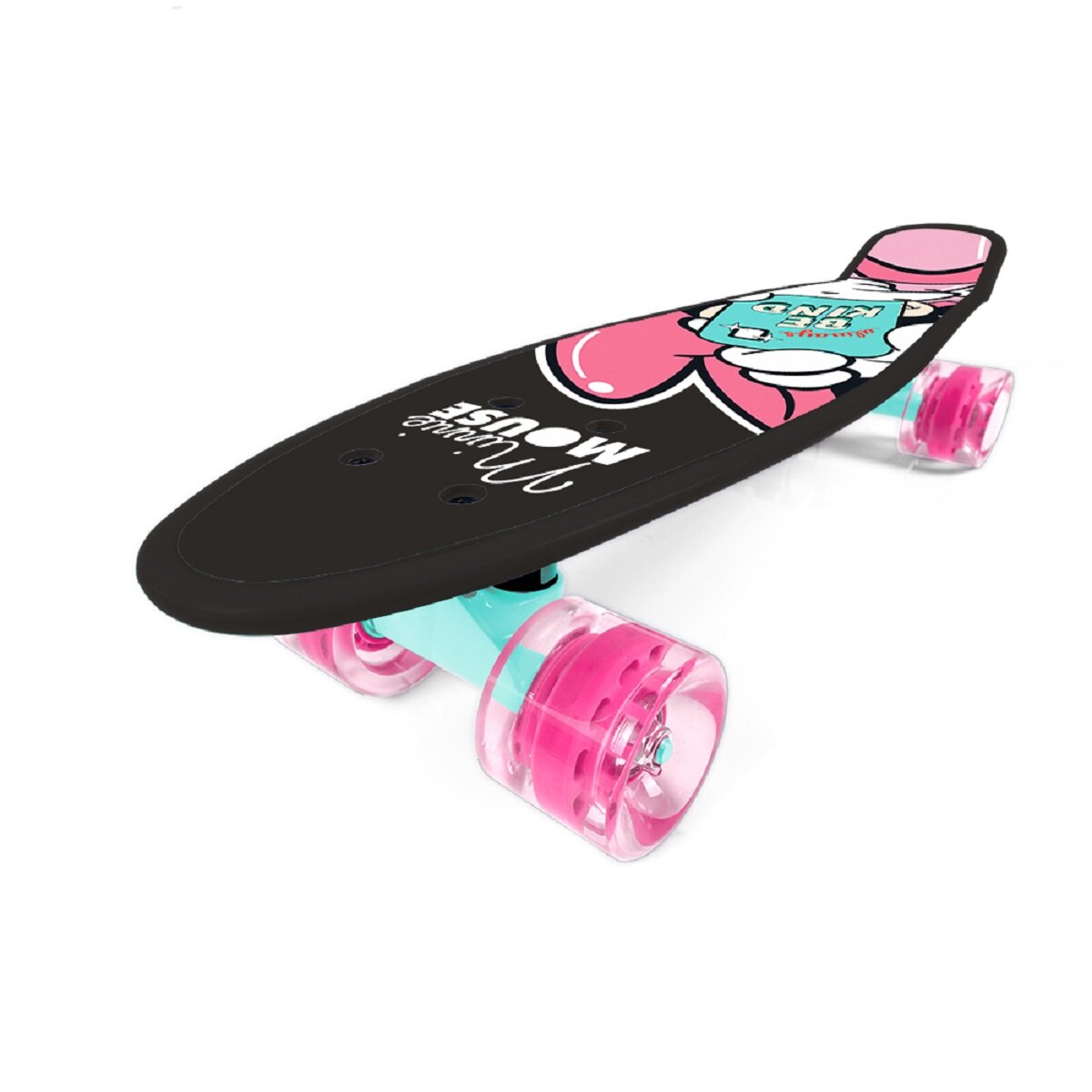 Minnie Mouse Skateboard, schwarzes Deck, pinke Räder und Akzente, weißer Hintergrund.